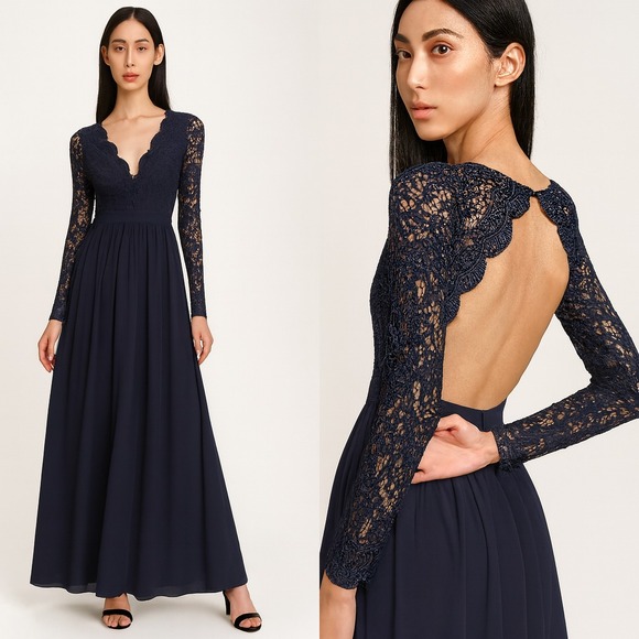Lulu's Sz S Awaken My Love Navy Maxi Formal Holiday Long Sleeved New Year's - Picture 1 of 15